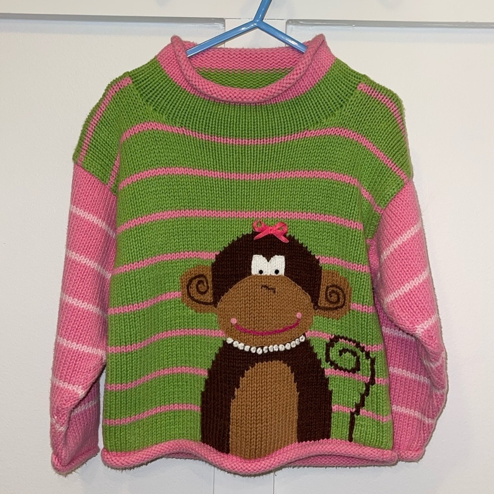 Rags land girls green/pink  size 3/4  monkeys sweater